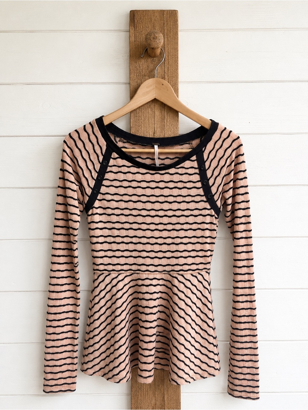 Free People Blush and Black Striped Peplum Long Sleeve Top